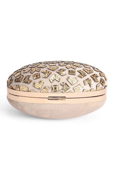 Richa Gupta_Gold Applique Leather Cutwork And Embroidered Clutch_at_Aza_Fashions