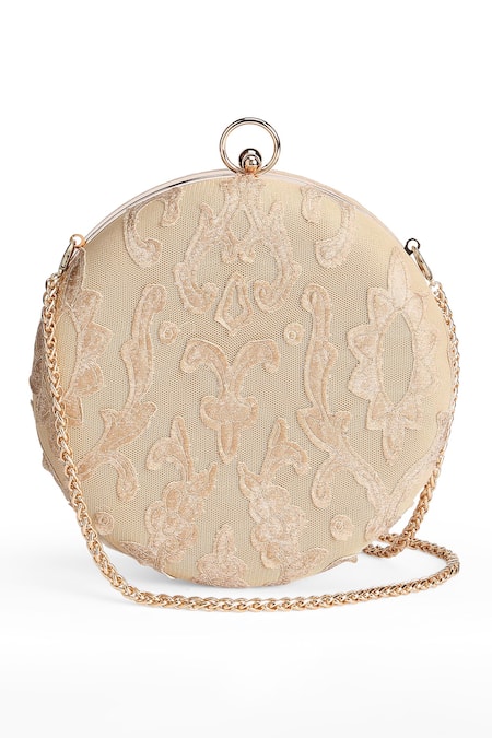 Richa Gupta_Beige Applique Embroidered Round Clutch _Online_at_Aza_Fashions