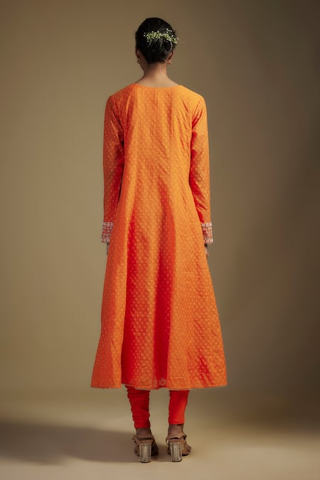 Shop_Nadima Saqib_Orange Chanderi, Lycra, Organza Zardozi Embroidered Placement Anarkali Set _at_Aza_Fashions