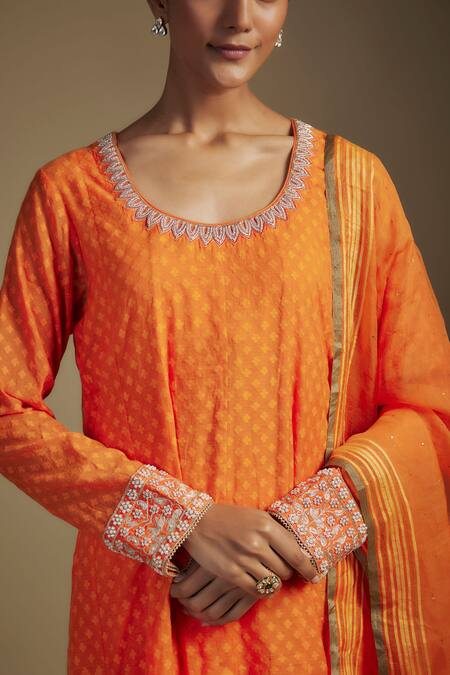 Nadima Saqib_Orange Chanderi, Lycra, Organza Zardozi Embroidered Placement Anarkali Set _Online_at_Aza_Fashions