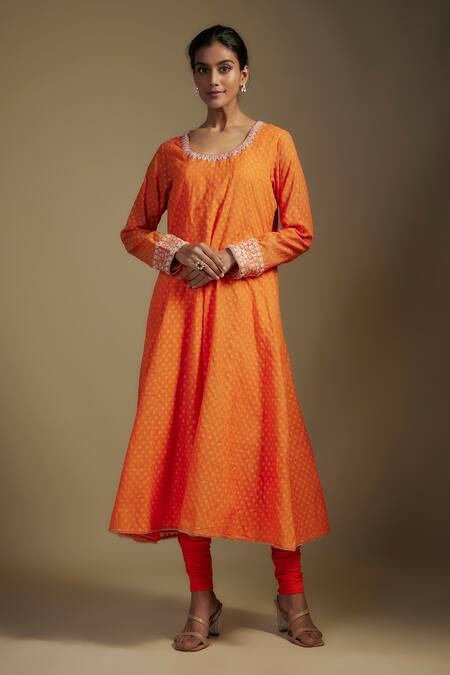 Shop_Nadima Saqib_Orange Chanderi, Lycra, Organza Zardozi Embroidered Placement Anarkali Set _Online_at_Aza_Fashions