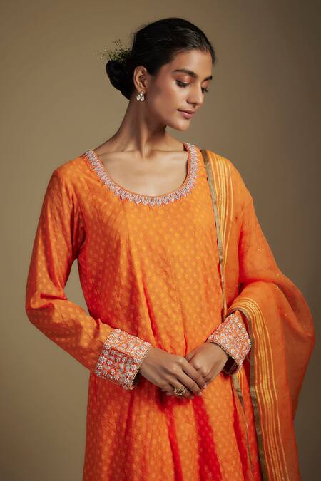 Nadima Saqib_Orange Chanderi, Lycra, Organza Zardozi Embroidered Placement Anarkali Set _at_Aza_Fashions