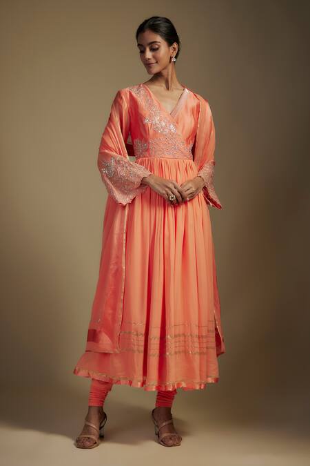 Nadima Saqib Peach Georgette, Lycra Sequins, Applique V-neck Floral Angrakha Anarkali Set Online at Aza Fashions Nadima Saqib_Peach Georgette, Lycra Sequins, Applique V-neck Floral Angrakha Anarkali Set _Online_at_Aza_Fashions