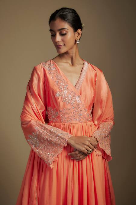 Buy Nadima Saqib Peach Georgette, Lycra Sequins, Applique V-neck Floral Angrakha Anarkali Set Online at Aza Fashions Buy_Nadima Saqib_Peach Georgette, Lycra Sequins, Applique V-neck Floral Angrakha Anarkali Set _Online_at_Aza_Fashions