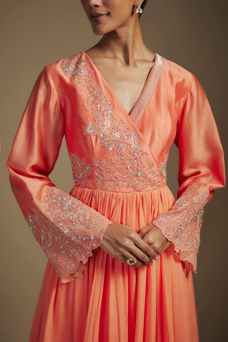 Nadima Saqib Peach Georgette, Lycra Sequins, Applique V-neck Floral Angrakha Anarkali Set at Aza Fashions Nadima Saqib_Peach Georgette, Lycra Sequins, Applique V-neck Floral Angrakha Anarkali Set _at_Aza_Fashions