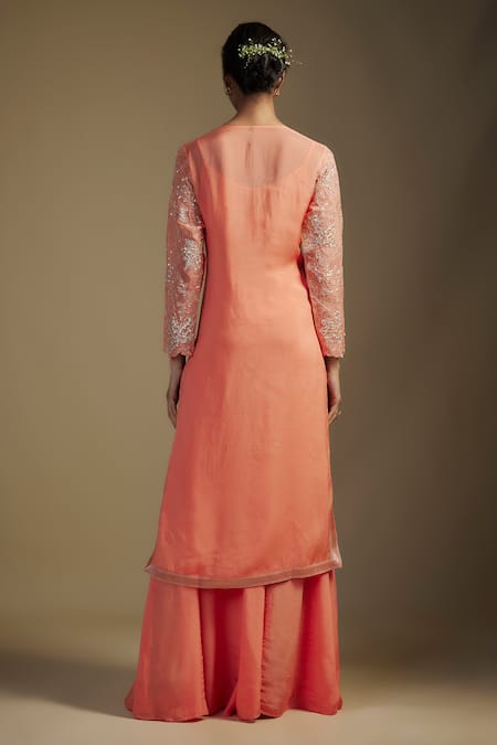 Shop_Nadima Saqib_Peach Organza, Crepe, Georgette Embroidery, Floral Applique Kurta Sharara Set _at_Aza_Fashions