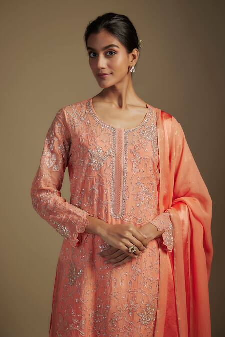Nadima Saqib_Peach Organza, Crepe, Georgette Embroidery, Floral Applique Kurta Sharara Set _Online_at_Aza_Fashions