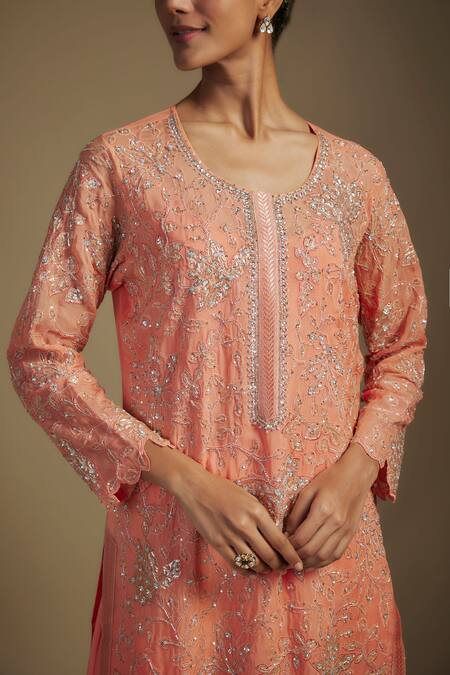 Buy_Nadima Saqib_Peach Organza, Crepe, Georgette Embroidery, Floral Applique Kurta Sharara Set _Online_at_Aza_Fashions