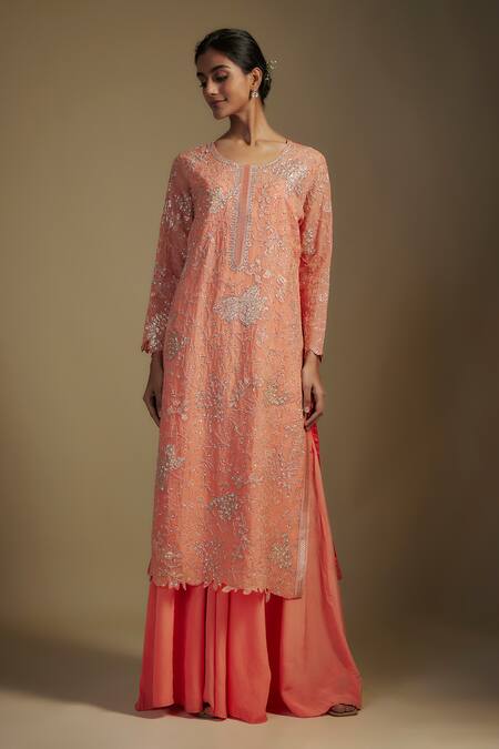 Nadima Saqib_Peach Organza, Crepe, Georgette Embroidery, Floral Applique Kurta Sharara Set _at_Aza_Fashions