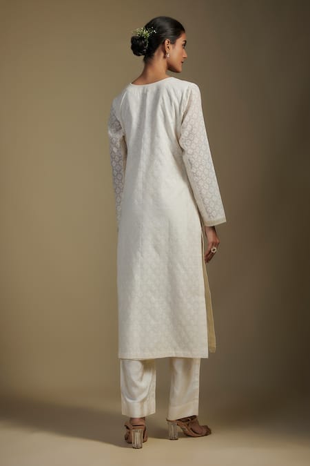 Shop_Nadima Saqib_Off White Chanderi, Georgette, Denim Sequins, Applique Geometric Kurta Set _at_Aza_Fashions