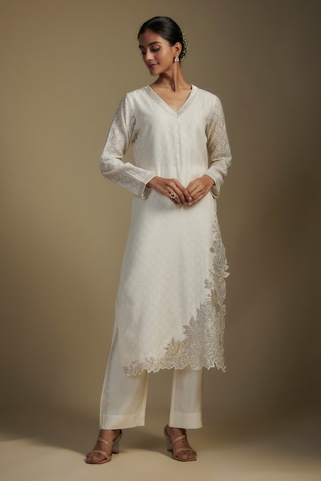 Shop_Nadima Saqib_Off White Chanderi, Georgette, Denim Sequins, Applique Geometric Kurta Set _Online_at_Aza_Fashions