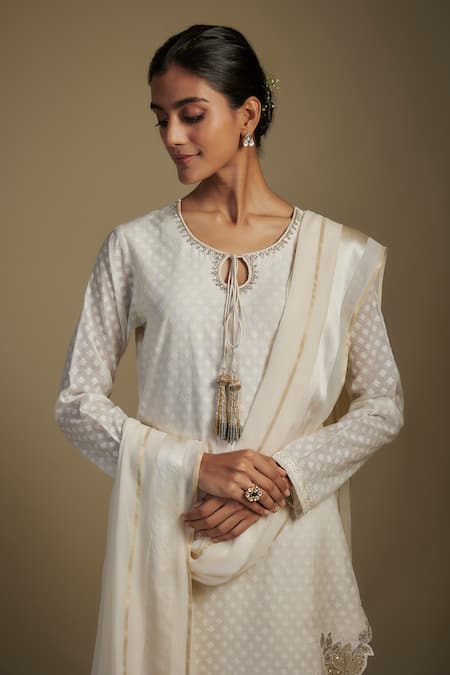Nadima Saqib Off White Chanderi, Georgette Sequins, Applique Keyhole Butti Kurta Pant Set Online at Aza Fashions Nadima Saqib_Off White Chanderi, Georgette Sequins, Applique Keyhole Butti Kurta Pant Set _Online_at_Aza_Fashions