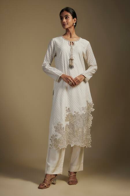 Shop Nadima Saqib Off White Chanderi, Georgette Sequins, Applique Keyhole Butti Kurta Pant Set Online at Aza Fashions Shop_Nadima Saqib_Off White Chanderi, Georgette Sequins, Applique Keyhole Butti Kurta Pant Set _Online_at_Aza_Fashions