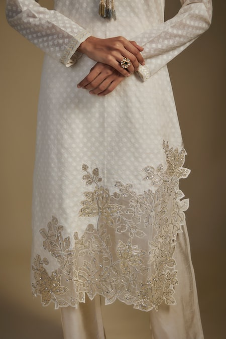 Nadima Saqib Off White Chanderi, Georgette Sequins, Applique Keyhole Butti Kurta Pant Set at Aza Fashions Nadima Saqib_Off White Chanderi, Georgette Sequins, Applique Keyhole Butti Kurta Pant Set _at_Aza_Fashions