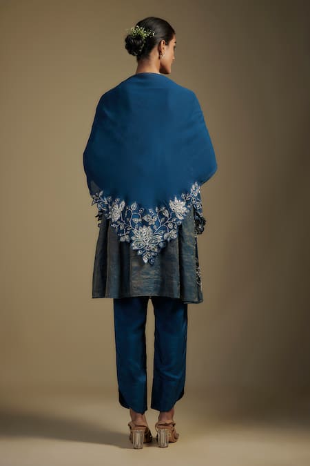 Shop Nadima Saqib Blue Chanderi, Georgette, Denim Sequins, Applique, Metallic Kurta Pant Set at Aza Fashions Shop_Nadima Saqib_Blue Chanderi, Georgette, Denim Sequins, Applique, Metallic Kurta Pant Set _at_Aza_Fashions