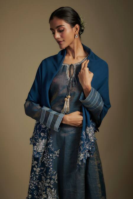 Nadima Saqib Blue Chanderi, Georgette, Denim Sequins, Applique, Metallic Kurta Pant Set Online at Aza Fashions Nadima Saqib_Blue Chanderi, Georgette, Denim Sequins, Applique, Metallic Kurta Pant Set _Online_at_Aza_Fashions