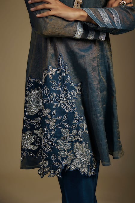 Buy Nadima Saqib Blue Chanderi, Georgette, Denim Sequins, Applique, Metallic Kurta Pant Set Online at Aza Fashions Buy_Nadima Saqib_Blue Chanderi, Georgette, Denim Sequins, Applique, Metallic Kurta Pant Set _Online_at_Aza_Fashions