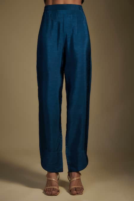 Shop Nadima Saqib Blue Chanderi, Georgette, Denim Sequins, Applique, Metallic Kurta Pant Set Online at Aza Fashions Shop_Nadima Saqib_Blue Chanderi, Georgette, Denim Sequins, Applique, Metallic Kurta Pant Set _Online_at_Aza_Fashions