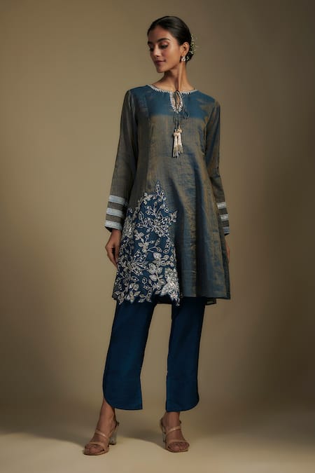Nadima Saqib Blue Chanderi, Georgette, Denim Sequins, Applique, Metallic Kurta Pant Set at Aza Fashions Nadima Saqib_Blue Chanderi, Georgette, Denim Sequins, Applique, Metallic Kurta Pant Set _at_Aza_Fashions