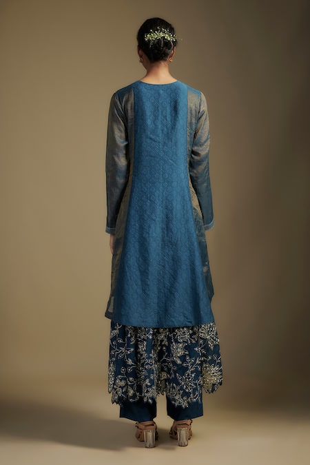 Shop Nadima Saqib Blue Tissue, Chanderi, Organza, Georgette Applique, Panel Layered Anarkali Set at Aza Fashions Shop_Nadima Saqib_Blue Tissue, Chanderi, Organza, Georgette Applique, Panel Layered Anarkali Set _at_Aza_Fashions