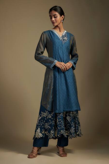 Nadima Saqib Blue Tissue, Chanderi, Organza, Georgette Applique, Panel Layered Anarkali Set Online at Aza Fashions Nadima Saqib_Blue Tissue, Chanderi, Organza, Georgette Applique, Panel Layered Anarkali Set _Online_at_Aza_Fashions