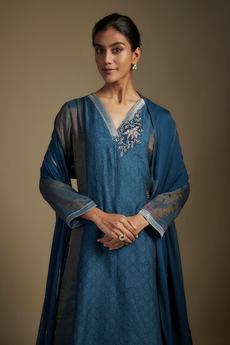 Nadima Saqib Blue Tissue, Chanderi, Organza, Georgette Applique, Panel Layered Anarkali Set at Aza Fashions Nadima Saqib_Blue Tissue, Chanderi, Organza, Georgette Applique, Panel Layered Anarkali Set _at_Aza_Fashions