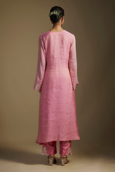 Shop Nadima Saqib Pink Tissue, Georgette, Denim Embroidery, Applique Floral Long Kurta Pant Set at Aza Fashions Shop_Nadima Saqib_Pink Tissue, Georgette, Denim Embroidery, Applique Floral Long Kurta Pant Set _at_Aza_Fashions