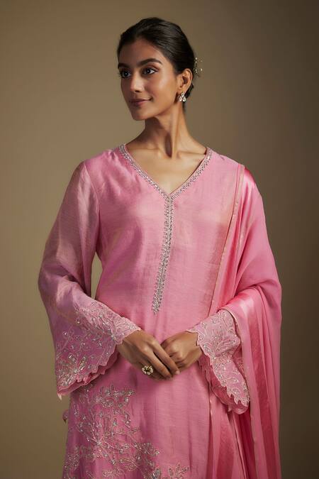 Nadima Saqib Pink Tissue, Georgette, Denim Embroidery, Applique Floral Long Kurta Pant Set Online at Aza Fashions Nadima Saqib_Pink Tissue, Georgette, Denim Embroidery, Applique Floral Long Kurta Pant Set _Online_at_Aza_Fashions