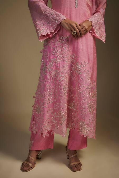 Buy Nadima Saqib Pink Tissue, Georgette, Denim Embroidery, Applique Floral Long Kurta Pant Set Online at Aza Fashions Buy_Nadima Saqib_Pink Tissue, Georgette, Denim Embroidery, Applique Floral Long Kurta Pant Set _Online_at_Aza_Fashions