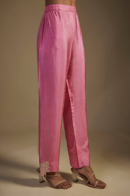 Shop Nadima Saqib Pink Tissue, Georgette, Denim Embroidery, Applique Floral Long Kurta Pant Set Online at Aza Fashions Shop_Nadima Saqib_Pink Tissue, Georgette, Denim Embroidery, Applique Floral Long Kurta Pant Set _Online_at_Aza_Fashions