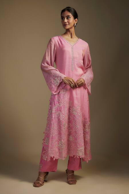 Nadima Saqib Pink Tissue, Georgette, Denim Embroidery, Applique Floral Long Kurta Pant Set at Aza Fashions Nadima Saqib_Pink Tissue, Georgette, Denim Embroidery, Applique Floral Long Kurta Pant Set _at_Aza_Fashions
