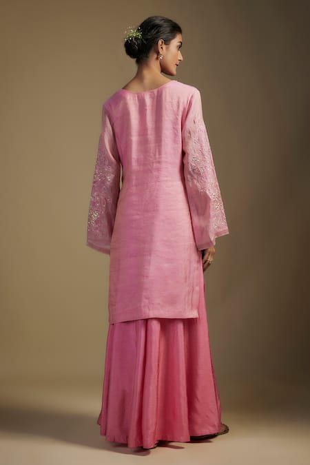 Shop Nadima Saqib Pink Organza, Tissue, Georgette Applique, Sequins, Placement Kurta Sharara Set at Aza Fashions Shop_Nadima Saqib_Pink Organza, Tissue, Georgette Applique, Sequins, Placement Kurta Sharara Set _at_Aza_Fashions