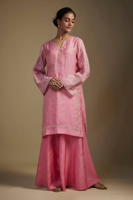Shop Nadima Saqib Pink Organza, Tissue, Georgette Applique, Sequins, Placement Kurta Sharara Set Online at Aza Fashions Shop_Nadima Saqib_Pink Organza, Tissue, Georgette Applique, Sequins, Placement Kurta Sharara Set _Online_at_Aza_Fashions