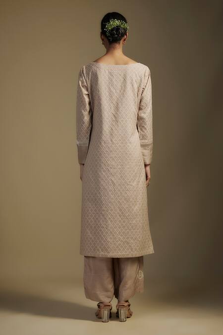 Shop Nadima Saqib Brown Chanderi, Georgette, Organza, Denim Floral Applique Jaal Kurta Pant Set at Aza Fashions Shop_Nadima Saqib_Brown Chanderi, Georgette, Organza, Denim Floral Applique Jaal Kurta Pant Set _at_Aza_Fashions