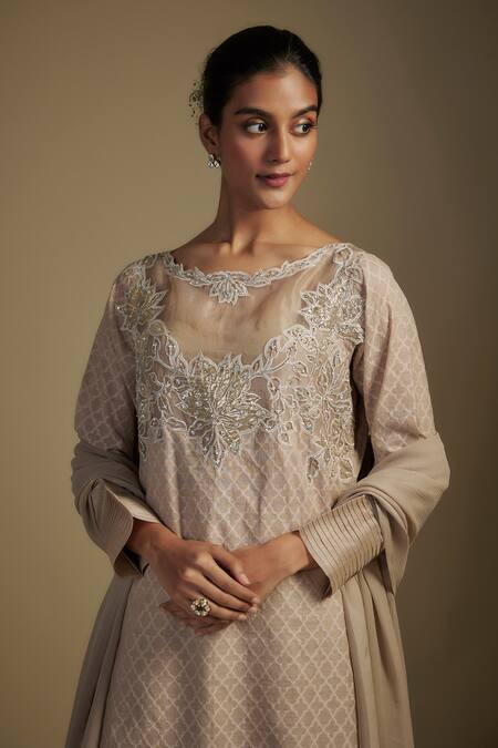 Nadima Saqib Brown Chanderi, Georgette, Organza, Denim Floral Applique Jaal Kurta Pant Set Online at Aza Fashions Nadima Saqib_Brown Chanderi, Georgette, Organza, Denim Floral Applique Jaal Kurta Pant Set _Online_at_Aza_Fashions