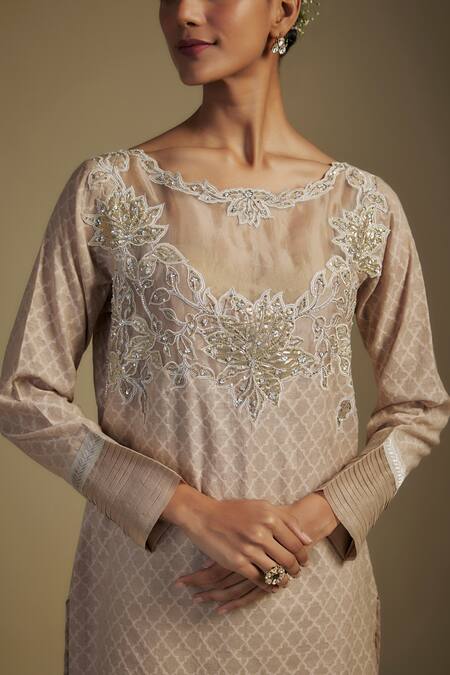 Buy Nadima Saqib Brown Chanderi, Georgette, Organza, Denim Floral Applique Jaal Kurta Pant Set Online at Aza Fashions Buy_Nadima Saqib_Brown Chanderi, Georgette, Organza, Denim Floral Applique Jaal Kurta Pant Set _Online_at_Aza_Fashions