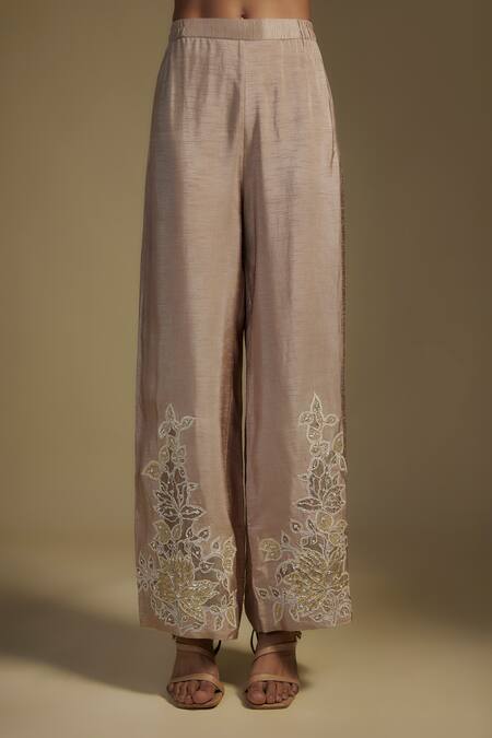 Shop Nadima Saqib Brown Chanderi, Georgette, Organza, Denim Floral Applique Jaal Kurta Pant Set Online at Aza Fashions Shop_Nadima Saqib_Brown Chanderi, Georgette, Organza, Denim Floral Applique Jaal Kurta Pant Set _Online_at_Aza_Fashions