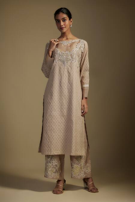 Nadima Saqib Brown Chanderi, Georgette, Organza, Denim Floral Applique Jaal Kurta Pant Set at Aza Fashions Nadima Saqib_Brown Chanderi, Georgette, Organza, Denim Floral Applique Jaal Kurta Pant Set _at_Aza_Fashions