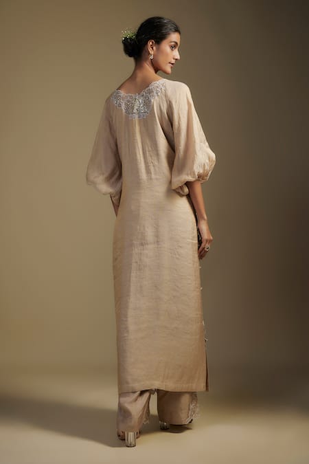 Shop Nadima Saqib Brown Tissue, Georgette Sequins, Applique, Embroidery Floral Kurta Pant Set at Aza Fashions Shop_Nadima Saqib_Brown Tissue, Georgette Sequins, Applique, Embroidery Floral Kurta Pant Set _at_Aza_Fashions