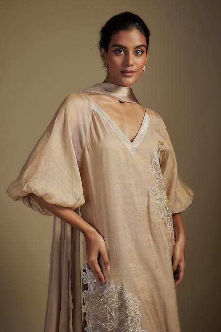 Nadima Saqib Brown Tissue, Georgette Sequins, Applique, Embroidery Floral Kurta Pant Set Online at Aza Fashions Nadima Saqib_Brown Tissue, Georgette Sequins, Applique, Embroidery Floral Kurta Pant Set _Online_at_Aza_Fashions