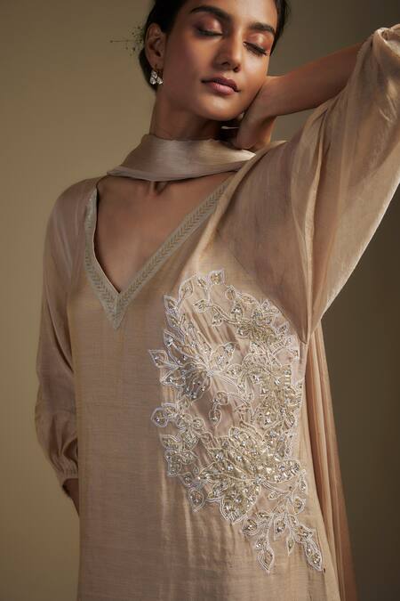 Buy Nadima Saqib Brown Tissue, Georgette Sequins, Applique, Embroidery Floral Kurta Pant Set Online at Aza Fashions Buy_Nadima Saqib_Brown Tissue, Georgette Sequins, Applique, Embroidery Floral Kurta Pant Set _Online_at_Aza_Fashions