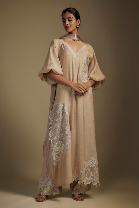 Nadima Saqib Brown Tissue, Georgette Sequins, Applique, Embroidery Floral Kurta Pant Set at Aza Fashions Nadima Saqib_Brown Tissue, Georgette Sequins, Applique, Embroidery Floral Kurta Pant Set _at_Aza_Fashions