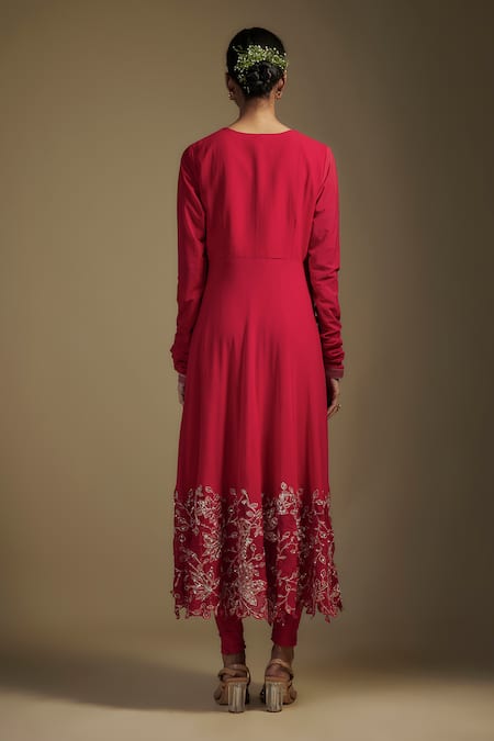 Shop Nadima Saqib Red Georgette, Lycra Applique, Sequins V-neck Floral Hem Angrakha Anarkali Set at Aza Fashions Shop_Nadima Saqib_Red Georgette, Lycra Applique, Sequins V-neck Floral Hem Angrakha Anarkali Set _at_Aza_Fashions