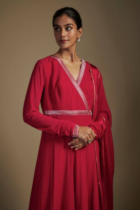 Nadima Saqib Red Georgette, Lycra Applique, Sequins V-neck Floral Hem Angrakha Anarkali Set Online at Aza Fashions Nadima Saqib_Red Georgette, Lycra Applique, Sequins V-neck Floral Hem Angrakha Anarkali Set _Online_at_Aza_Fashions