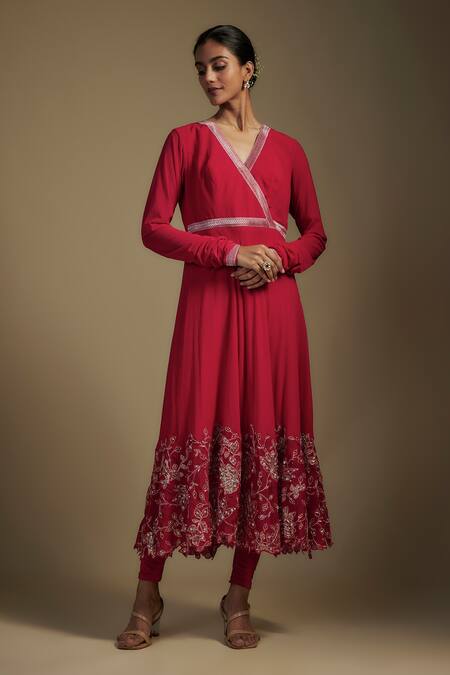 Shop Nadima Saqib Red Georgette, Lycra Applique, Sequins V-neck Floral Hem Angrakha Anarkali Set Online at Aza Fashions Shop_Nadima Saqib_Red Georgette, Lycra Applique, Sequins V-neck Floral Hem Angrakha Anarkali Set _Online_at_Aza_Fashions