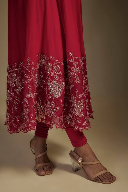 Nadima Saqib Red Georgette, Lycra Applique, Sequins V-neck Floral Hem Angrakha Anarkali Set at Aza Fashions Nadima Saqib_Red Georgette, Lycra Applique, Sequins V-neck Floral Hem Angrakha Anarkali Set _at_Aza_Fashions