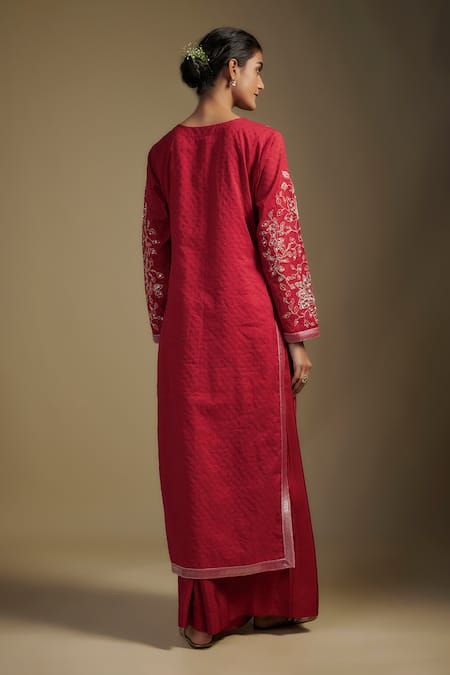 Shop Nadima Saqib Red Chanderi, Georgette Applique, Sequins, Floral Bodice Kurta Palazzo Set at Aza Fashions Shop_Nadima Saqib_Red Chanderi, Georgette Applique, Sequins, Floral Bodice Kurta Palazzo Set _at_Aza_Fashions