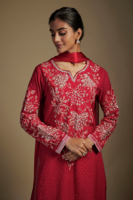 Nadima Saqib Red Chanderi, Georgette Applique, Sequins, Floral Bodice Kurta Palazzo Set Online at Aza Fashions Nadima Saqib_Red Chanderi, Georgette Applique, Sequins, Floral Bodice Kurta Palazzo Set _Online_at_Aza_Fashions