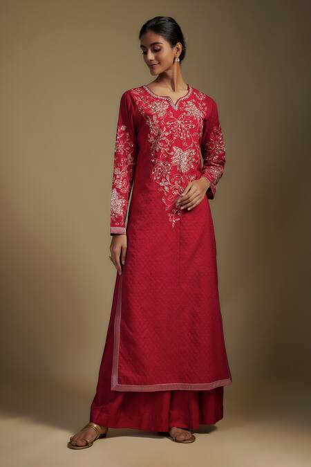 Shop Nadima Saqib Red Chanderi, Georgette Applique, Sequins, Floral Bodice Kurta Palazzo Set Online at Aza Fashions Shop_Nadima Saqib_Red Chanderi, Georgette Applique, Sequins, Floral Bodice Kurta Palazzo Set _Online_at_Aza_Fashions