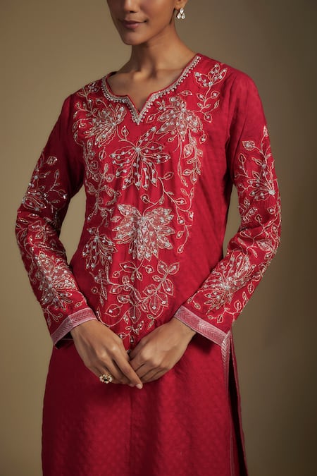 Nadima Saqib Red Chanderi, Georgette Applique, Sequins, Floral Bodice Kurta Palazzo Set at Aza Fashions Nadima Saqib_Red Chanderi, Georgette Applique, Sequins, Floral Bodice Kurta Palazzo Set _at_Aza_Fashions